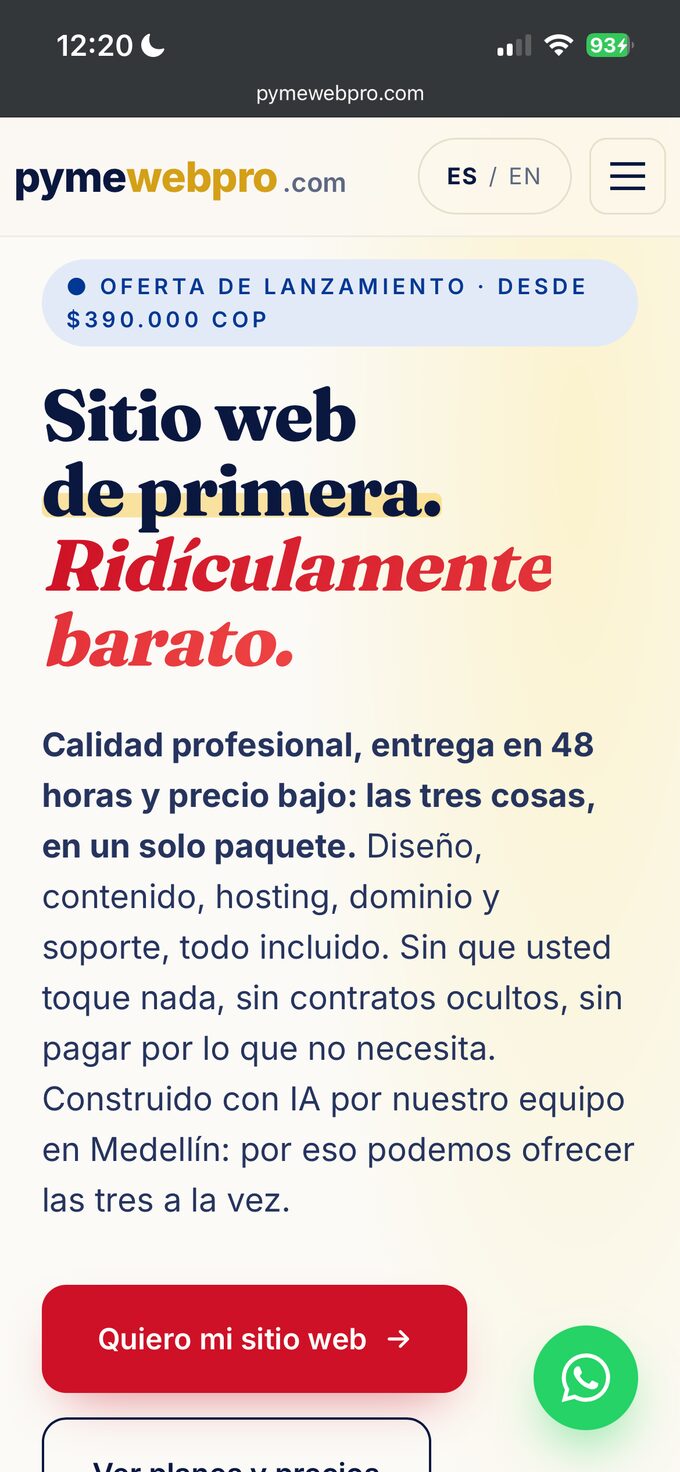 Vista en celular del sitio pymewebpro.com en español